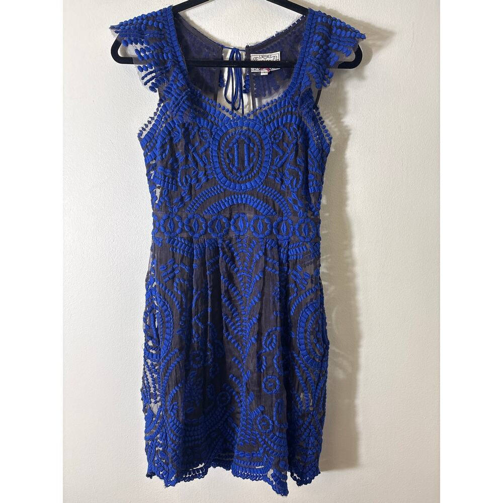 Baraschi Blue and Black Embroidered Mini Dress Sz 4